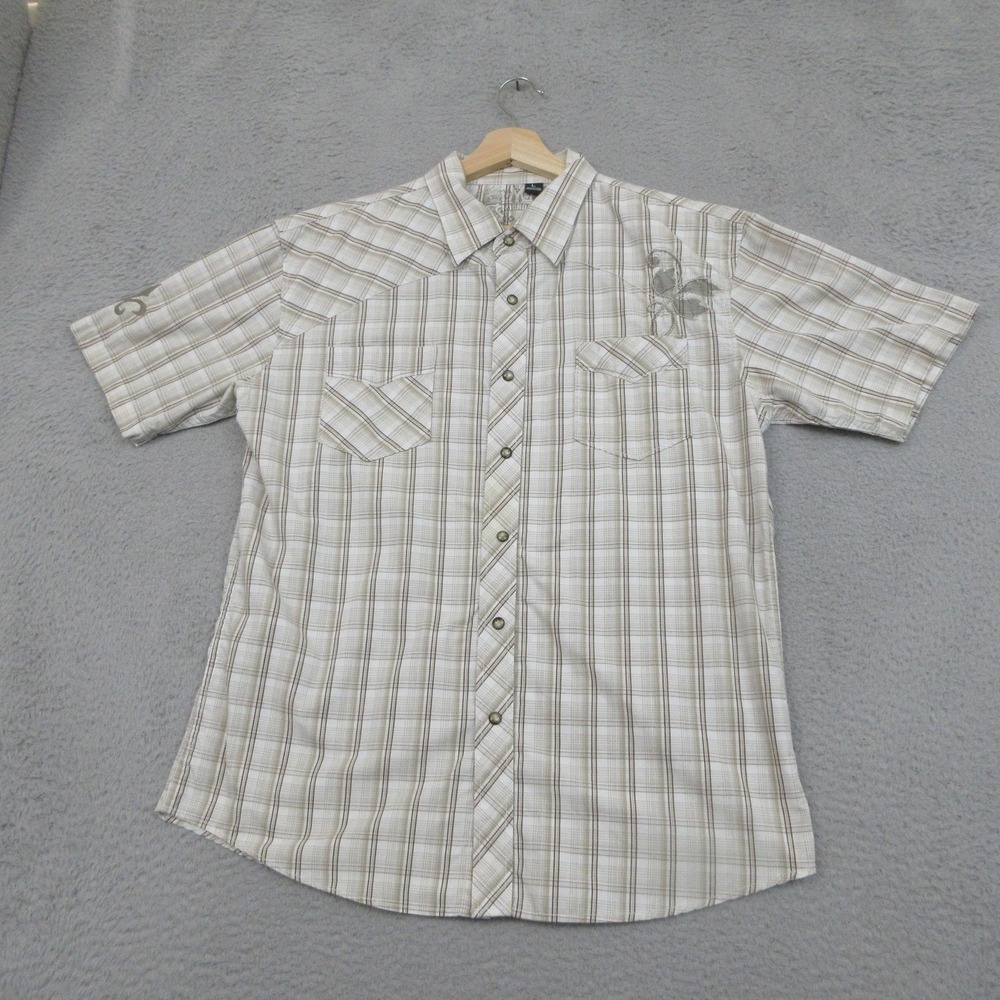 Southpole Plaid Shirt Mens L Beige Crest Graphic‎ Short Sleeve Y2K Streetwear